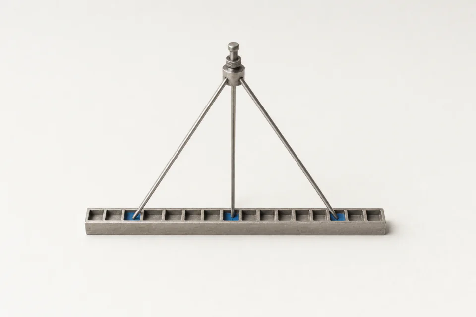 A steel bar with a row of sixteen cells and a three-legged probe touching three cells far apart