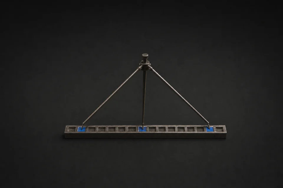 A steel bar with a row of sixteen cells and a three-legged probe touching three cells far apart