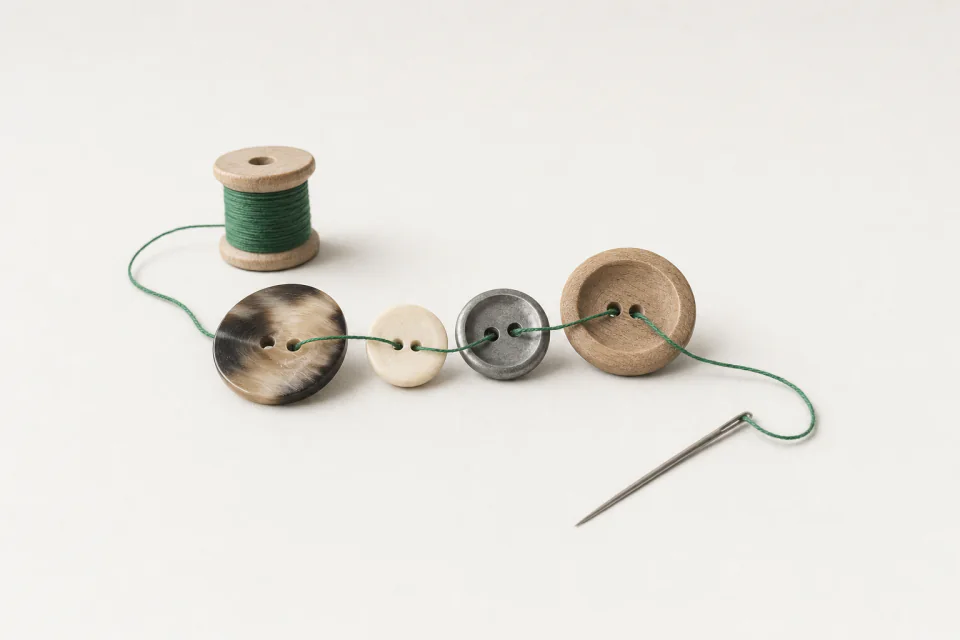 One thread stitched through four different buttons in order, from a spool to a needle