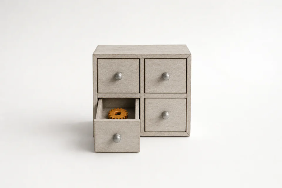 A cabinet of four identical drawers, one pulled open to show a single gear hidden inside