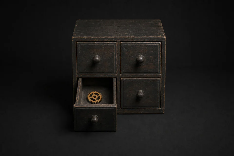 A cabinet of four identical drawers, one pulled open to show a single gear hidden inside