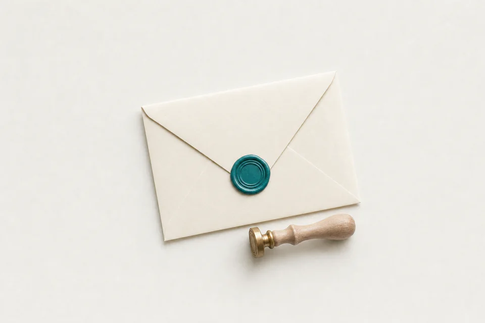 An envelope closed with a wax seal, the signet stamp that pressed it lying beside it