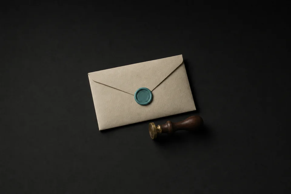 An envelope closed with a wax seal, the signet stamp that pressed it lying beside it