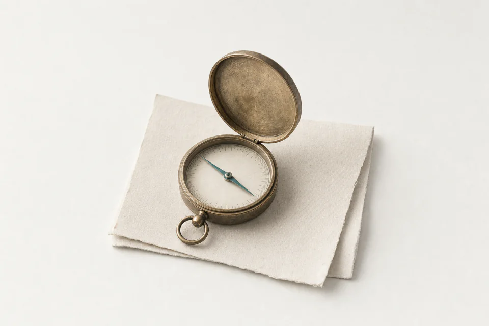 An open pocket compass resting on a folded sheet of blank paper