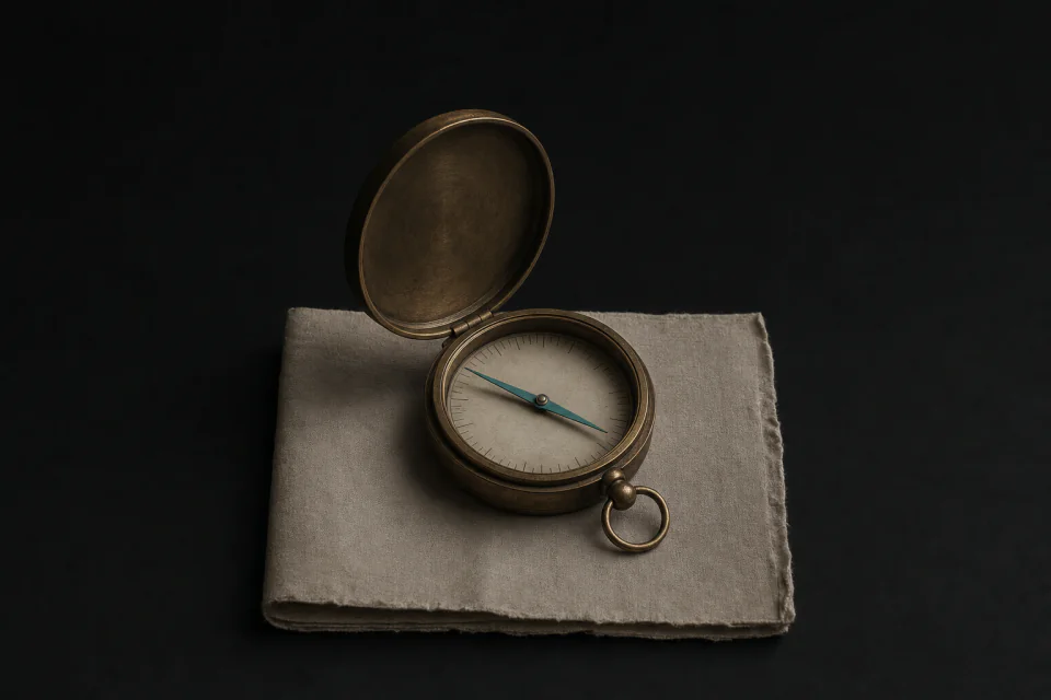 An open pocket compass resting on a folded sheet of blank paper