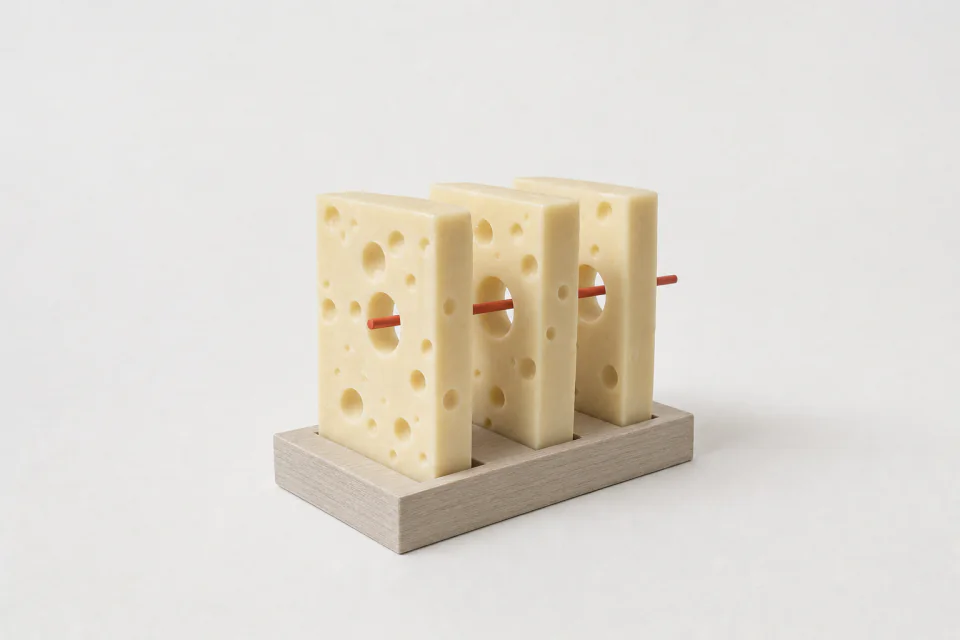 Three slices of Swiss cheese in a row, one hole in each lined up with a rod passing through all three
