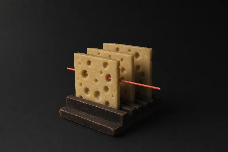 Three slices of Swiss cheese in a row, one hole in each lined up with a rod passing through all three