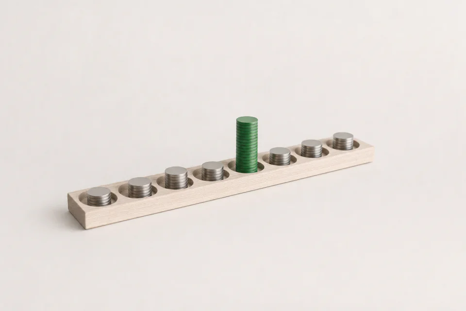 A tray of short coin stacks of different heights, one stack far taller than the rest