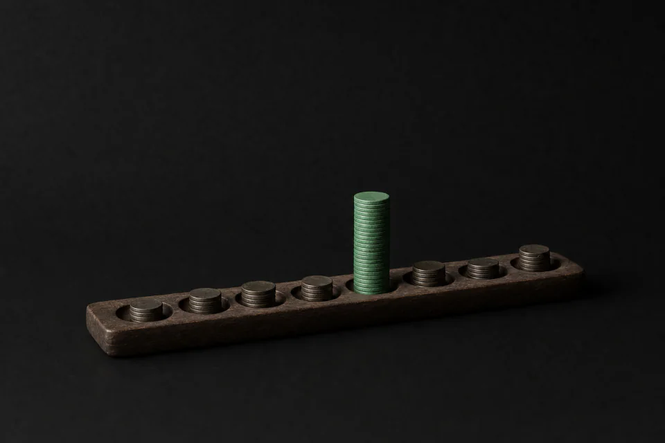 A tray of short coin stacks of different heights, one stack far taller than the rest