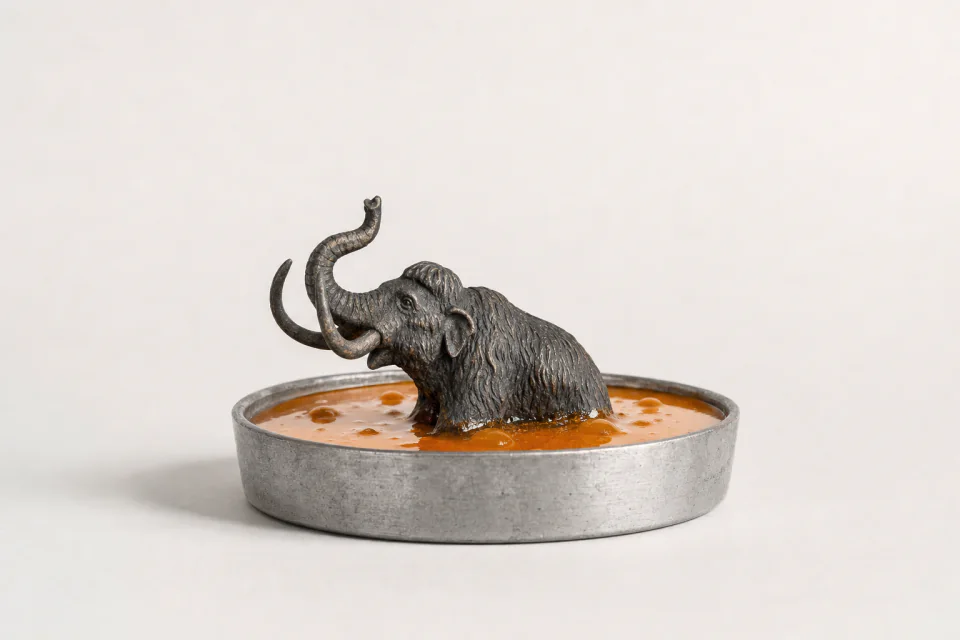 A small iron mammoth sunk to its chest in a pan of thick pitch