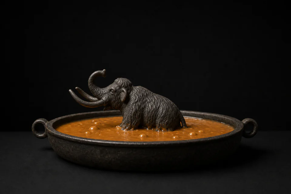 A small iron mammoth sunk to its chest in a pan of thick pitch