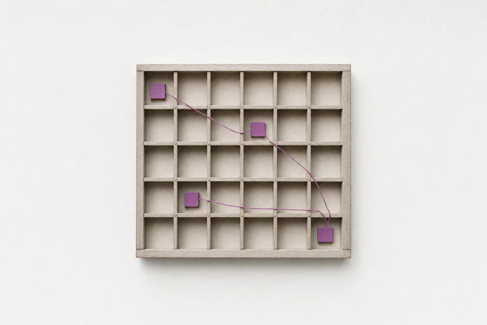 A printer's type case of empty compartments, four scattered tiles linked in order by one thread