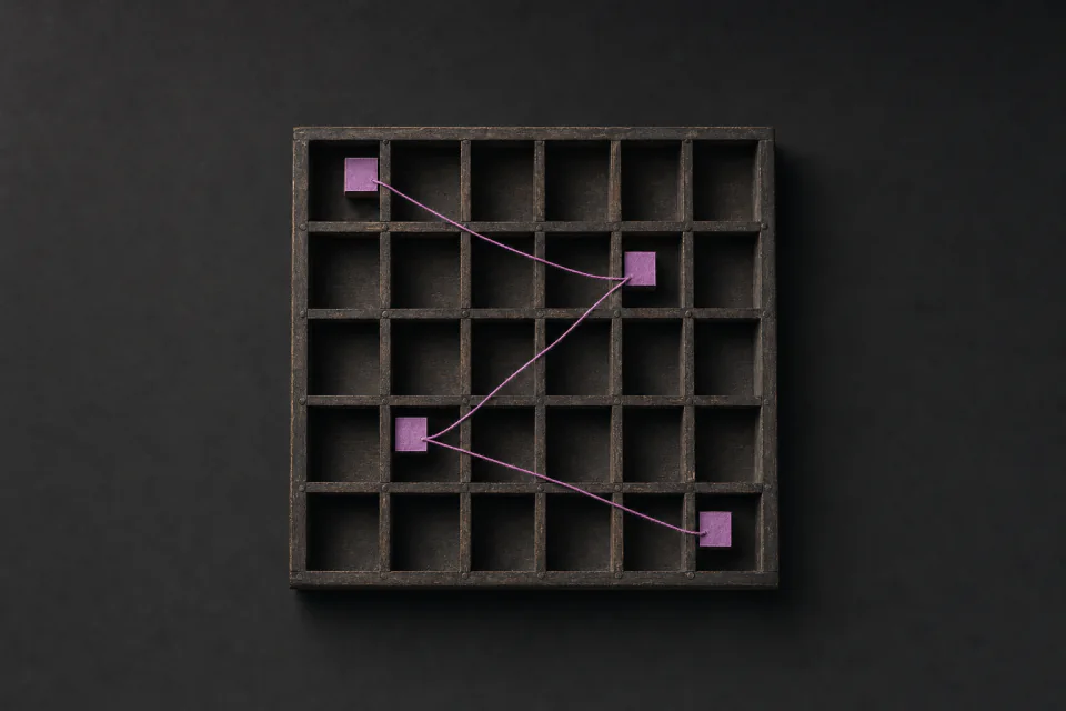 A printer's type case of empty compartments, four scattered tiles linked in order by one thread