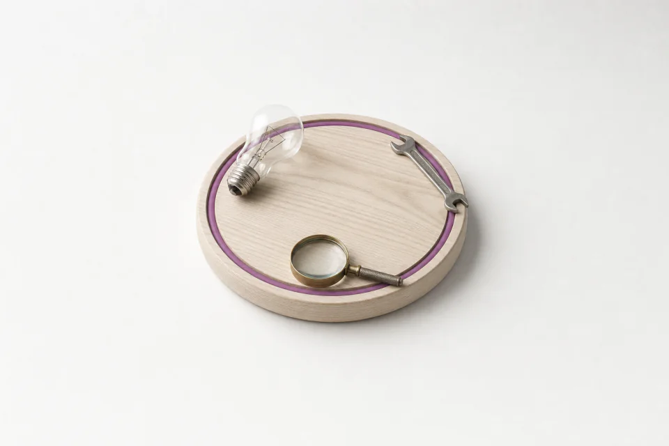 A round tray with a closed groove carrying a lightbulb, a wrench and a magnifying glass around the loop