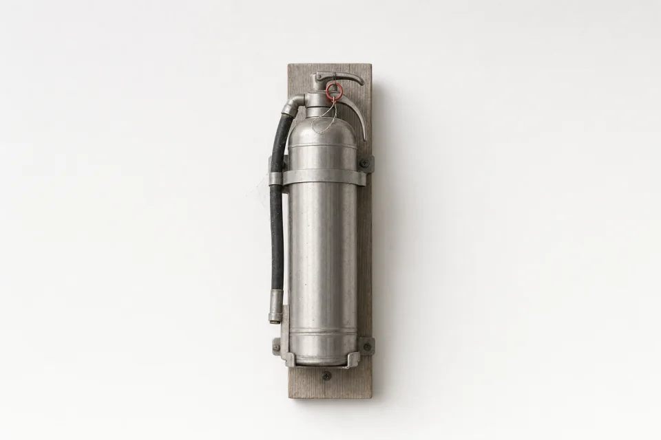 A fire extinguisher in its wall bracket, safety pin still sealed and a cobweb on it, never used
