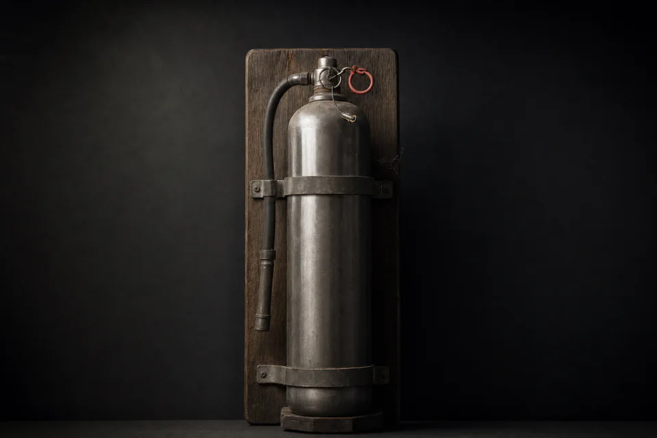 A fire extinguisher in its wall bracket, safety pin still sealed and a cobweb on it, never used
