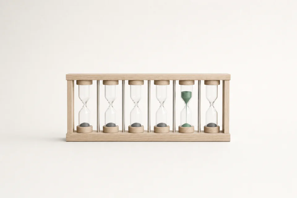A rack of six hourglasses, five run out and one still draining