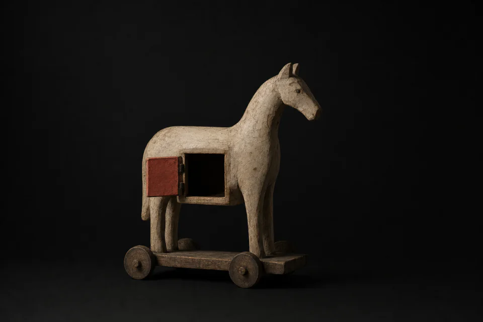 A carved wooden Trojan horse with a hatch in its belly swung open