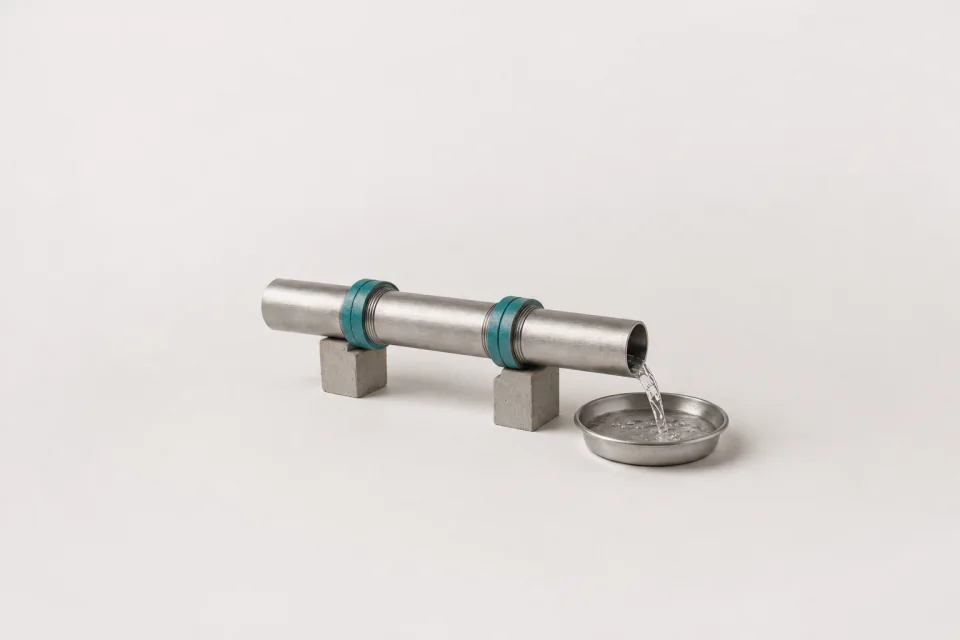 Three lengths of pipe joined end to end by two couplings, water running out of the far end